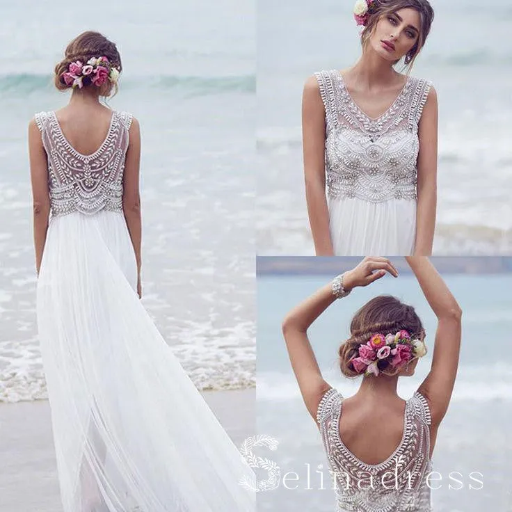 A-line V-neck Beautiful Beach Wedding Dresses Chiffon Short Train Sexy Bridal Gown SEW010