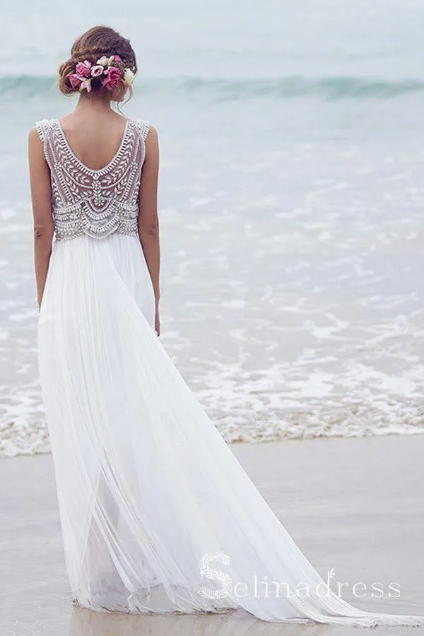 A-line V-neck Beautiful Beach Wedding Dresses Chiffon Short Train Sexy Bridal Gown SEW010