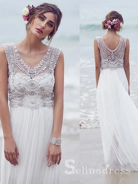 A-line V-neck Beautiful Beach Wedding Dresses Chiffon Short Train Sexy Bridal Gown SEW010