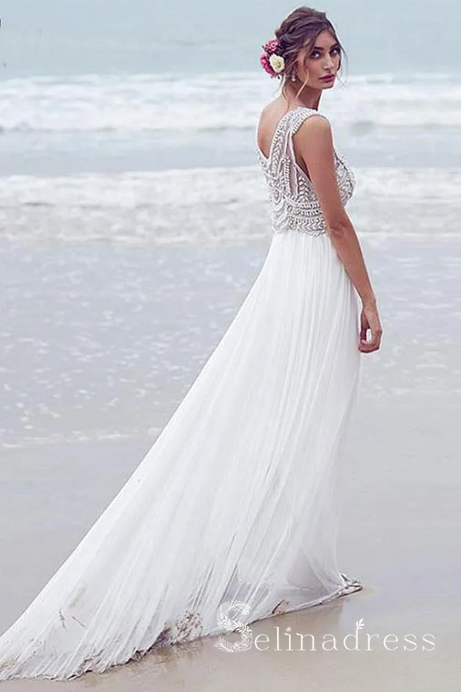 A-line V-neck Beautiful Beach Wedding Dresses Chiffon Short Train Sexy Bridal Gown SEW010