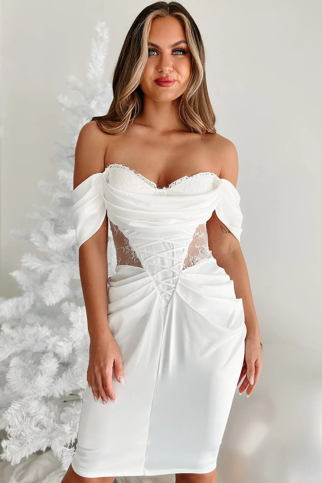 Elegant White Satin Midi Dress with Lace Off-the-Shoulder Design