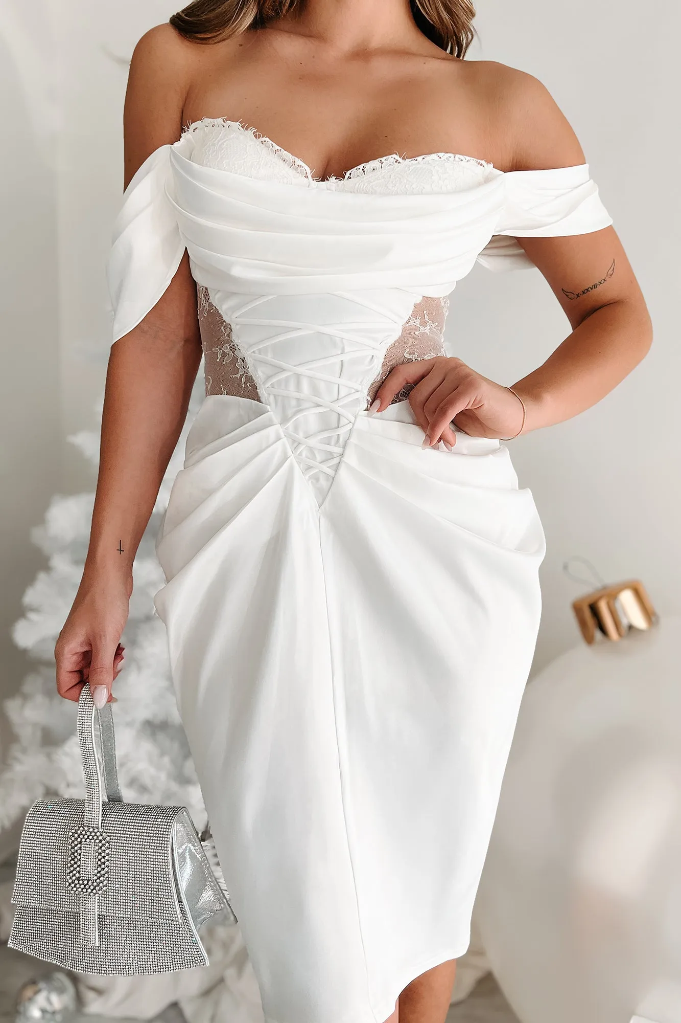 Elegant White Satin Midi Dress with Lace Off-the-Shoulder Design