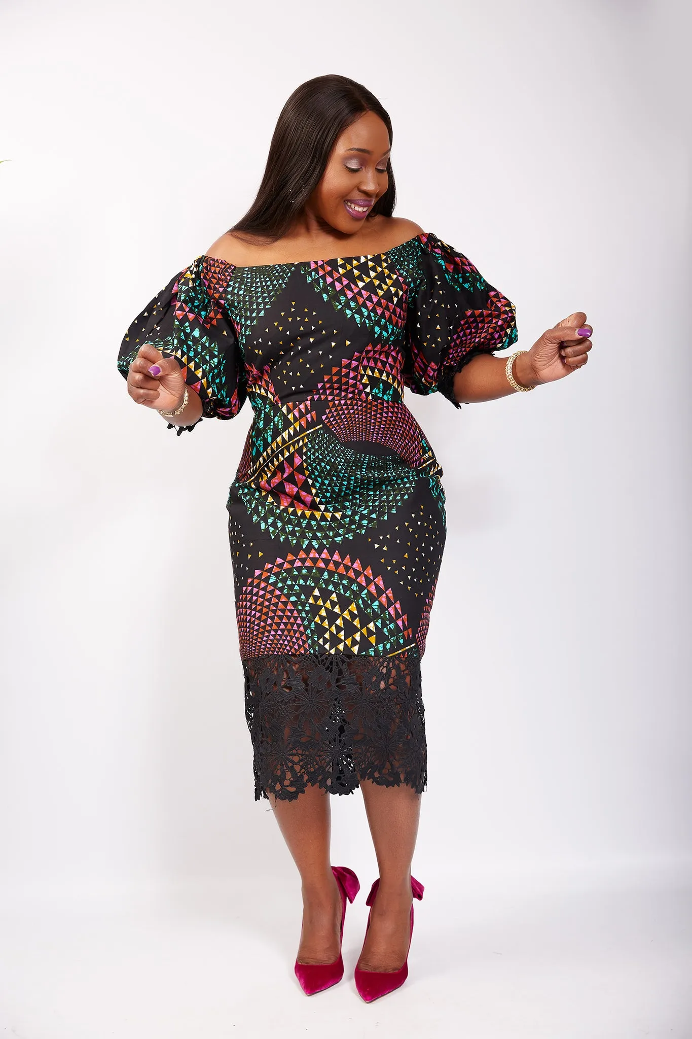 African Print Off Shoulder Puff Sleeve Pencil Midi Dress - Amarachi