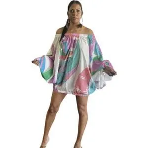 Alpha C Off-Shoulder Print Batwing Dress