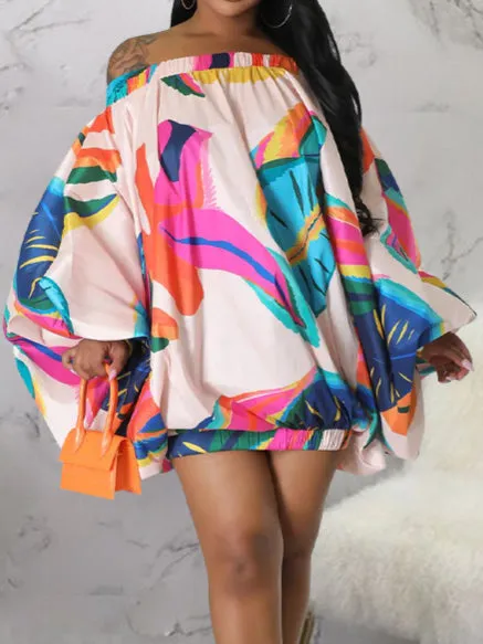Alpha C Off-Shoulder Print Batwing Dress