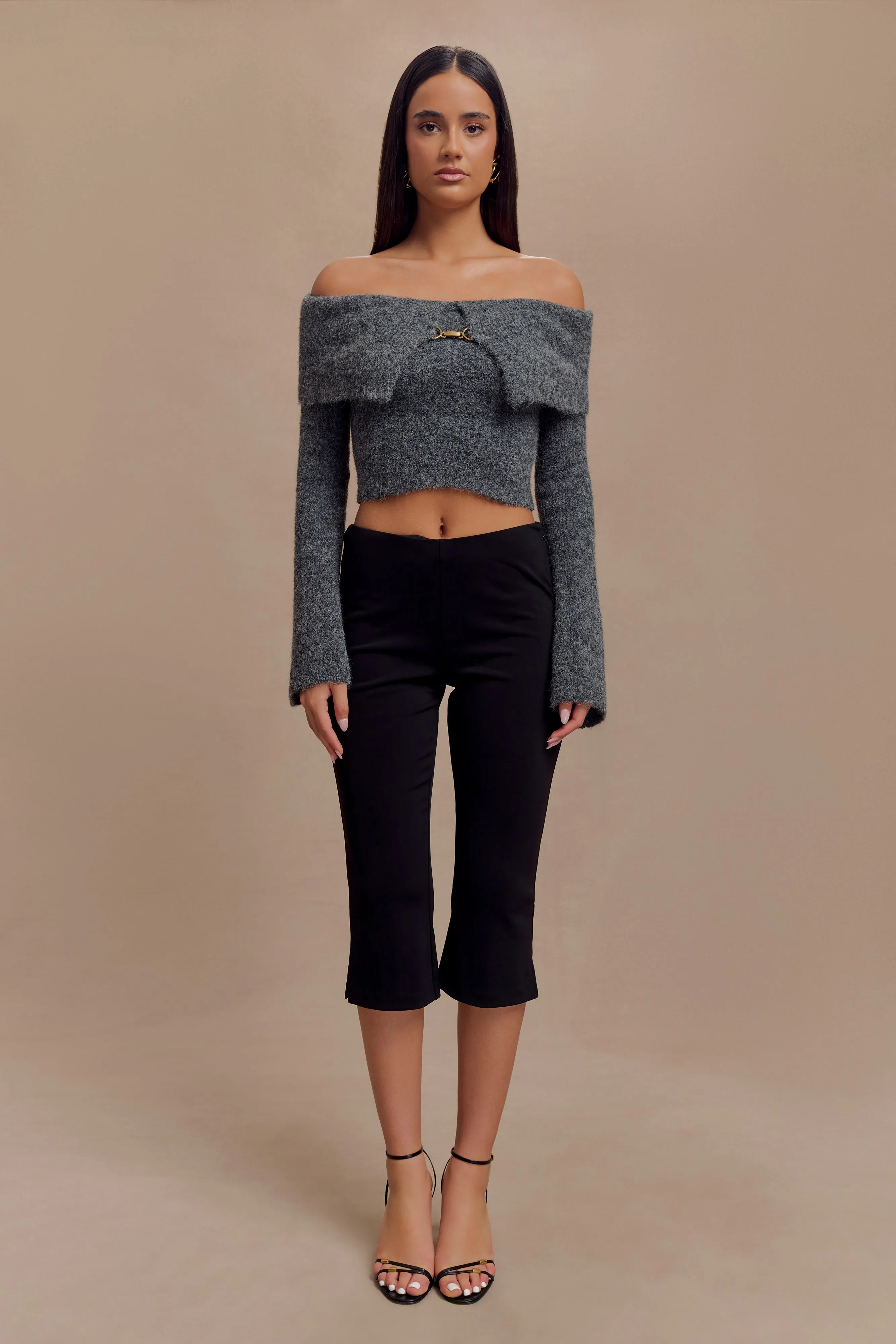 Charcoal Baxter Off-Shoulder Fluffy Knitted Top