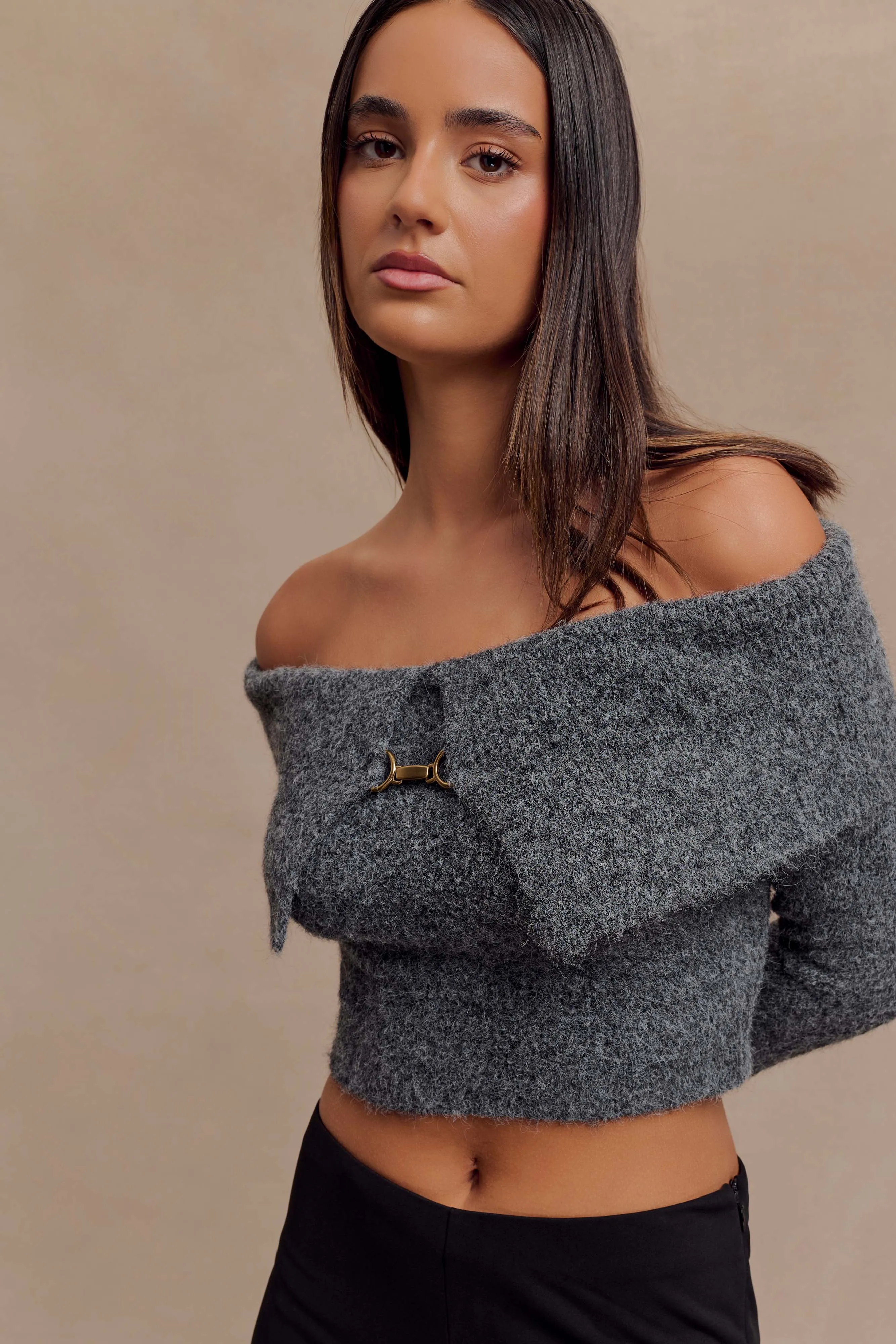 Charcoal Baxter Off-Shoulder Fluffy Knitted Top