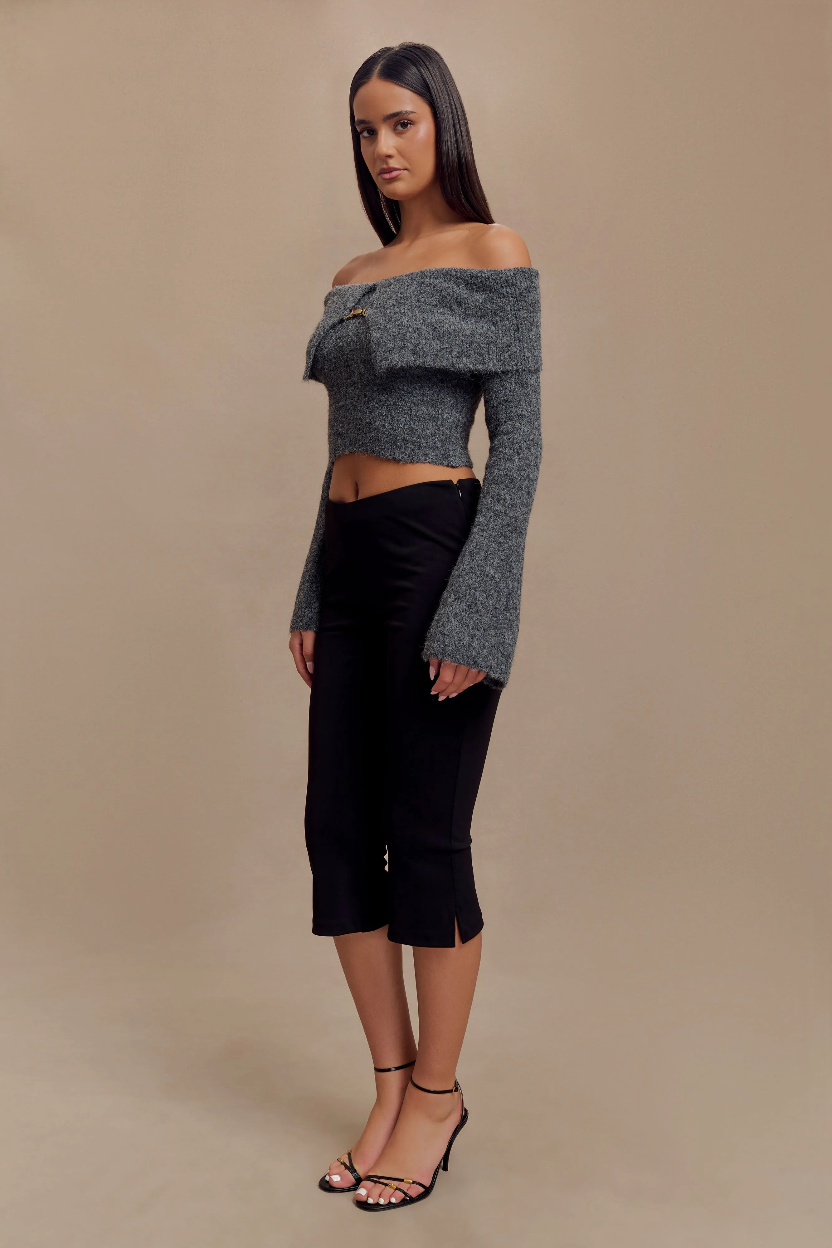 Charcoal Baxter Off-Shoulder Fluffy Knitted Top