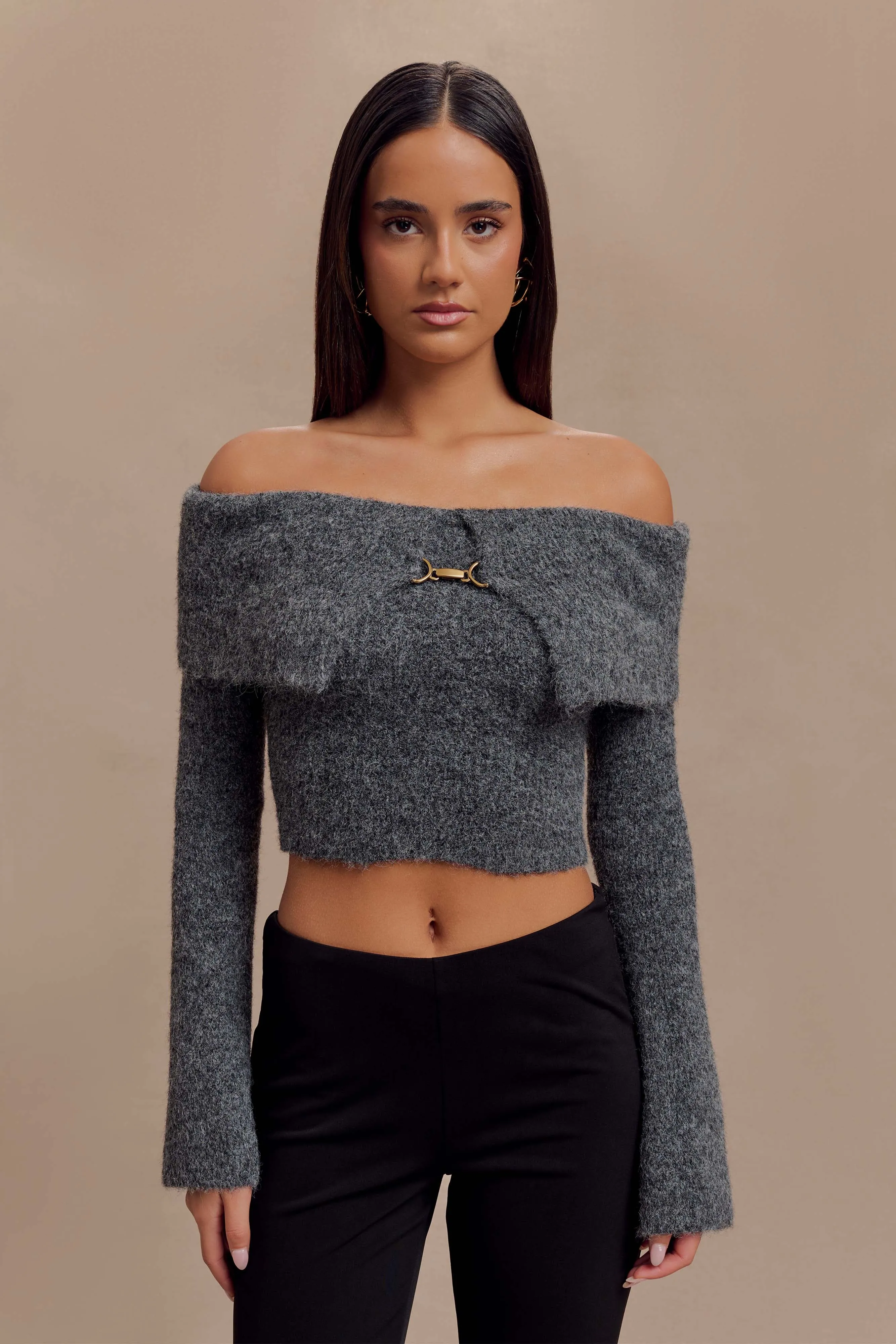 Charcoal Baxter Off-Shoulder Fluffy Knitted Top