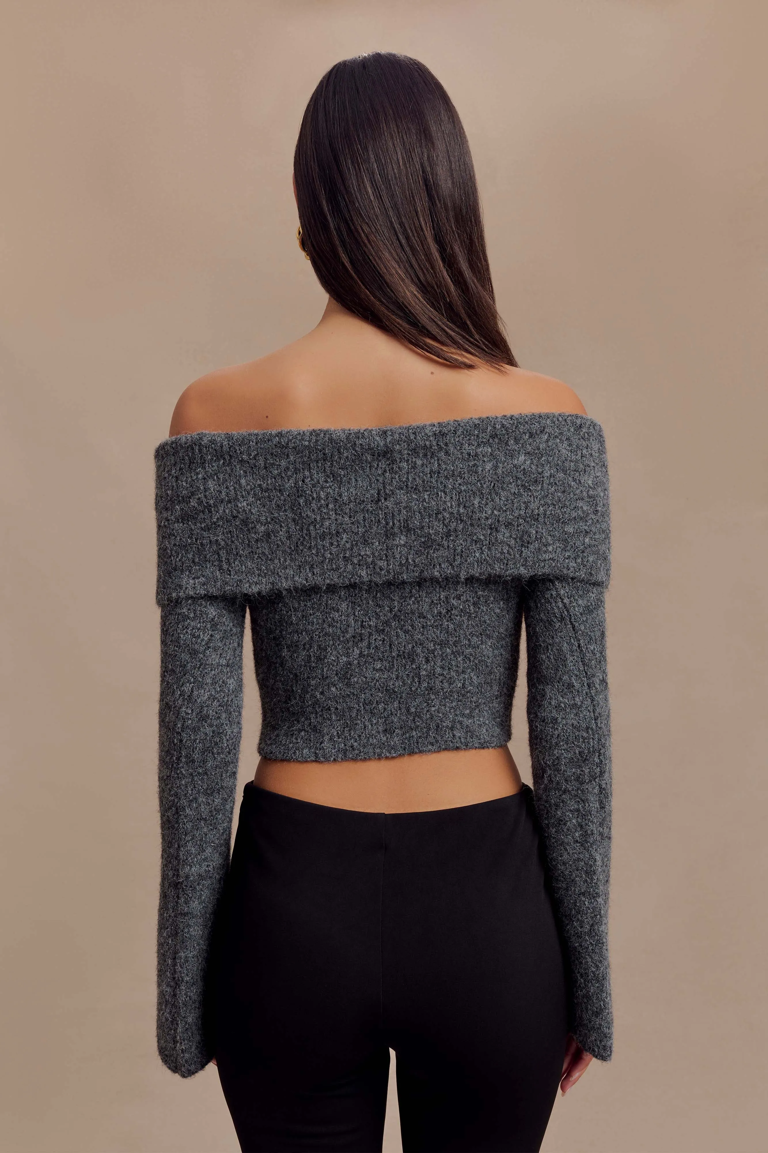 Charcoal Baxter Off-Shoulder Fluffy Knitted Top