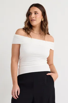 Ivory Off-Shoulder Stretchy Bardot Top in Beatnik Style