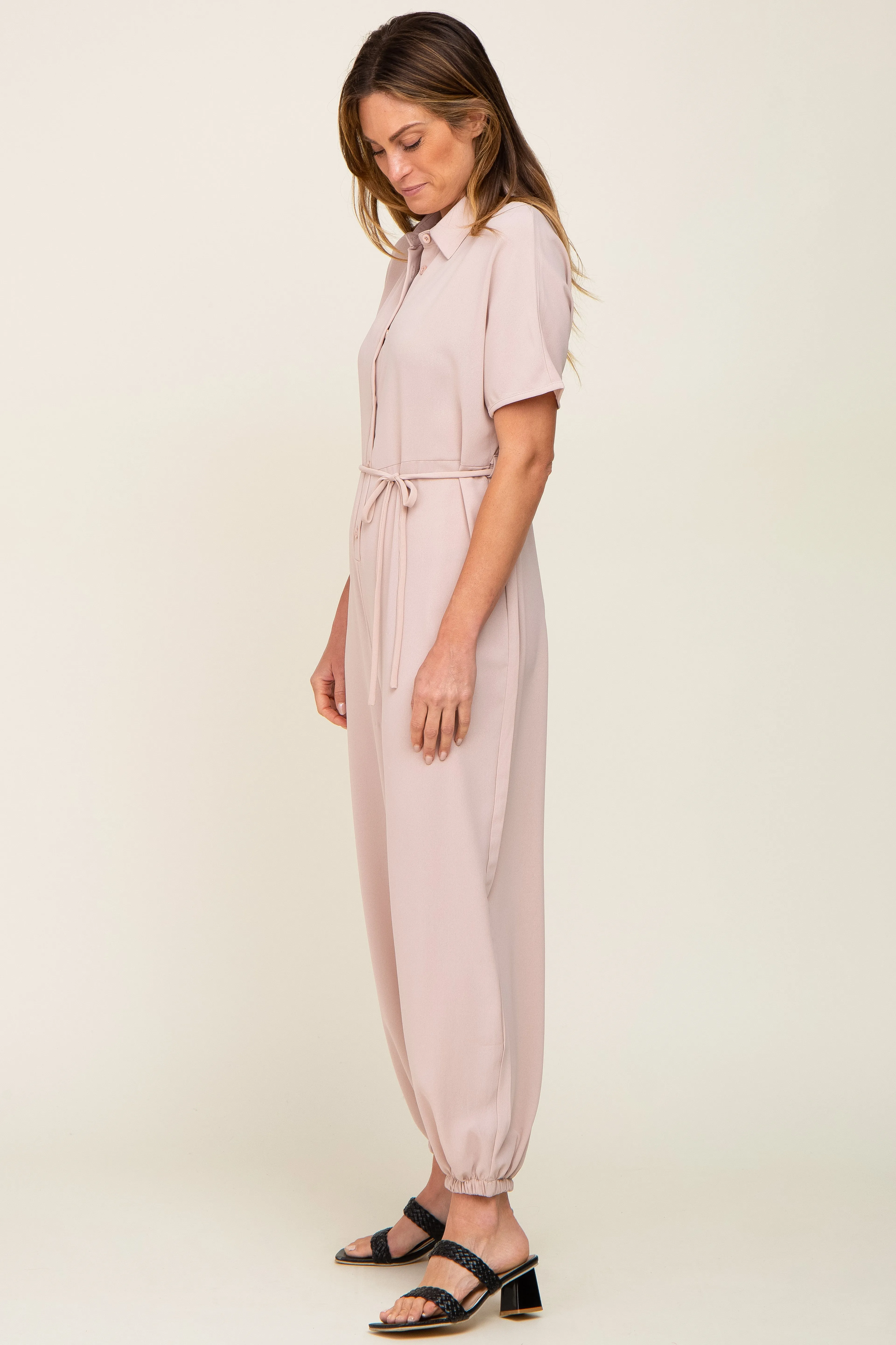 Beige Button Up Jumpsuit
