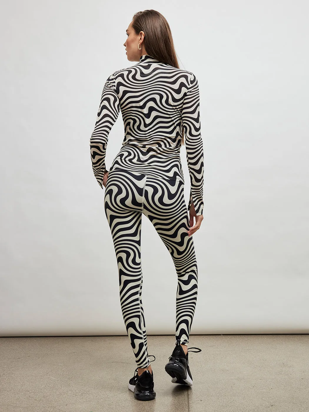Black and White Wave Mesh Mock Neck Split Neck Longsleeve - Black And White Wave Mesh