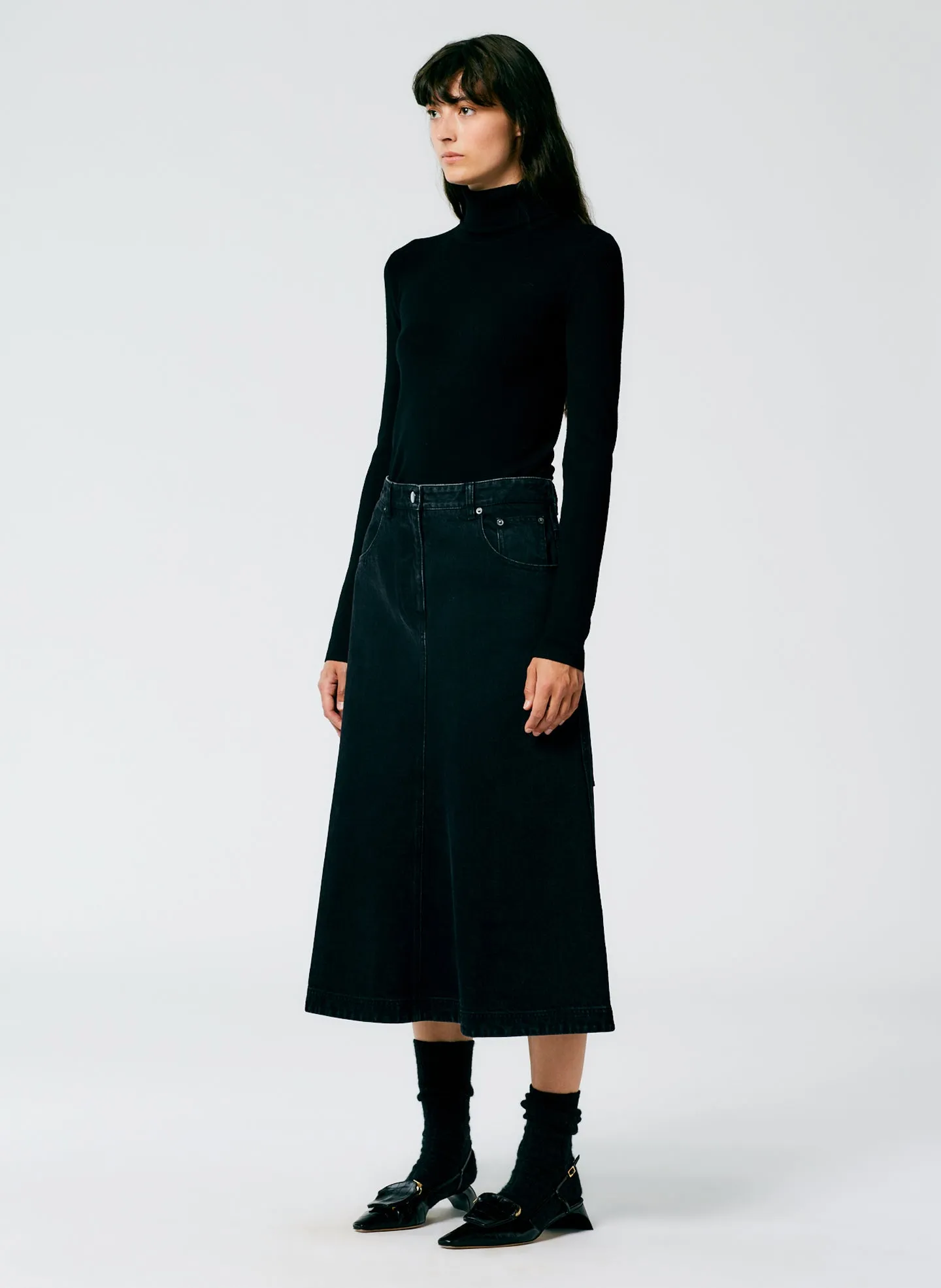 Black Denim Midi A-Line Skirt