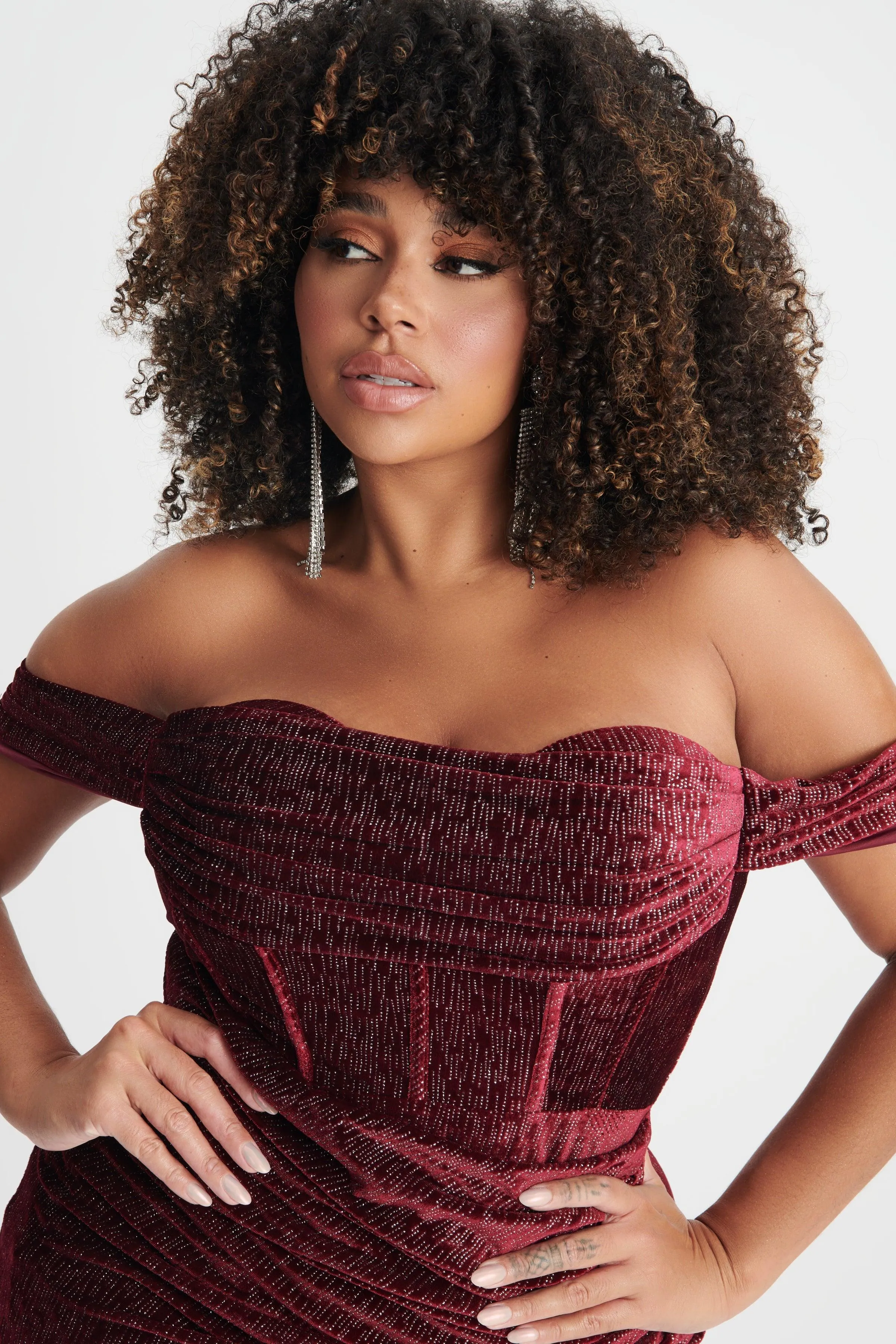 BLAKE Curve Diamante Velvet Pleated Off Shoulder Midi Dress In Burgundy