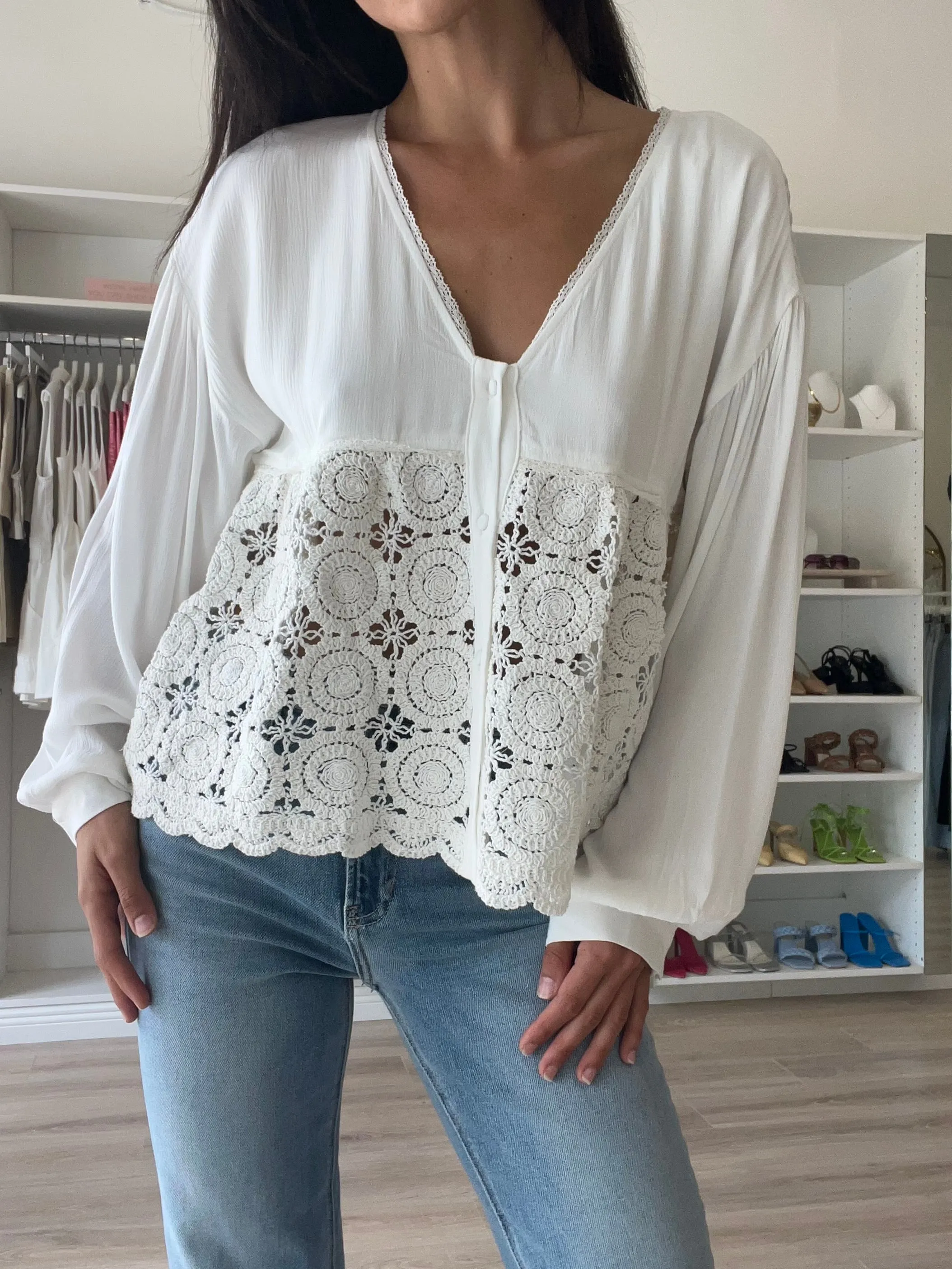 Sure! Here are a few optimized title suggestions for your Boho Crochet Blouse:

1. Chic Bohemian Crochet Blouse with Lace Detailing
2. Stylish Boho Crochet Top - Perfect for Summer Days
3. Trendy Bohemian Crochet Blouse - Lightweight and Breezy
4. Elegant Boho-Inspired Crochet Blouse - Ideal for Casual Wear
5. Fashionable Crochet Blouse with Boho Flair - Great for Layering

Feel free to choose any of these or mix and match elements to create the perfect title for your product!