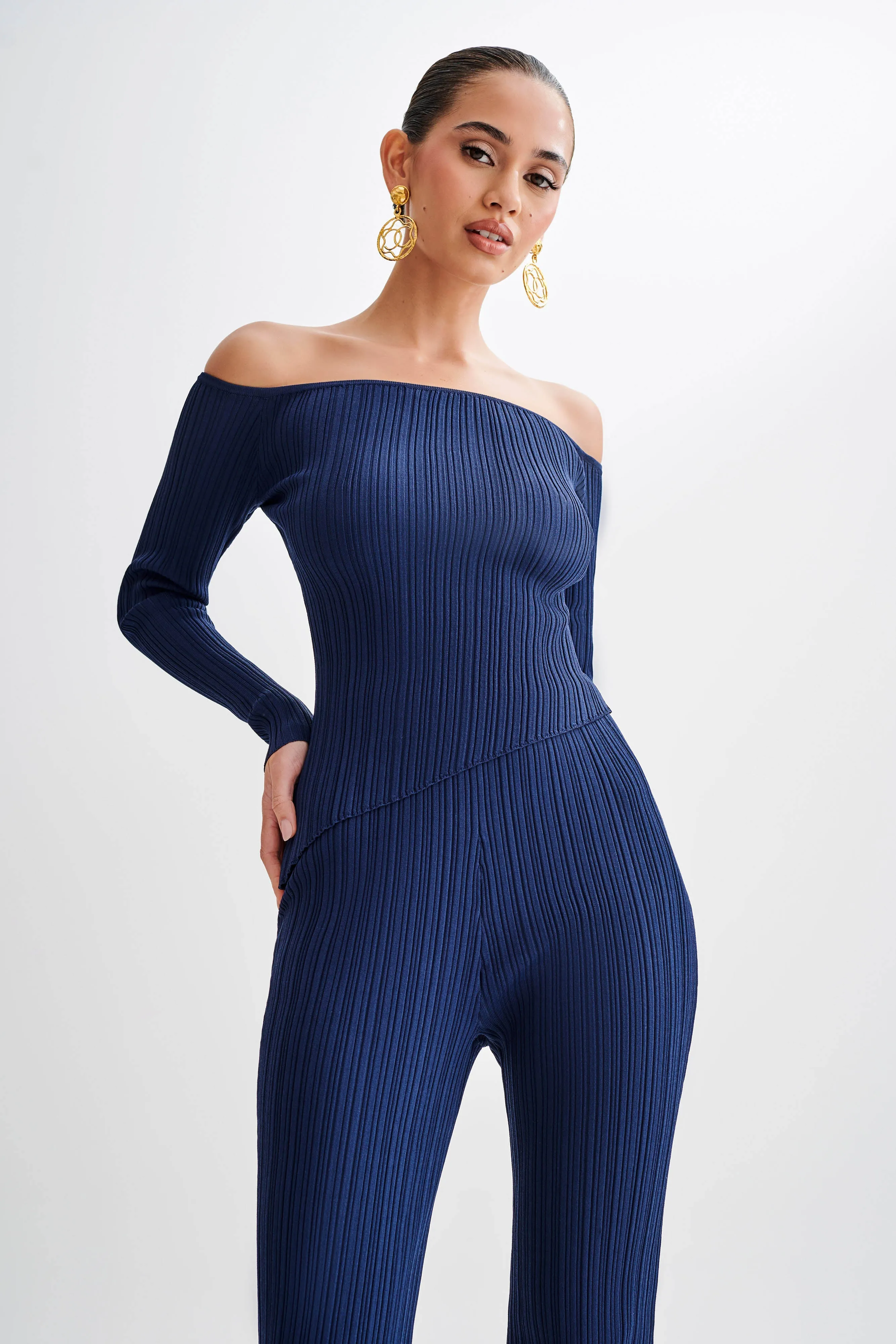 Navy Chiara Off-Shoulder Ribbed Knit Top - Stylish and Comfortable