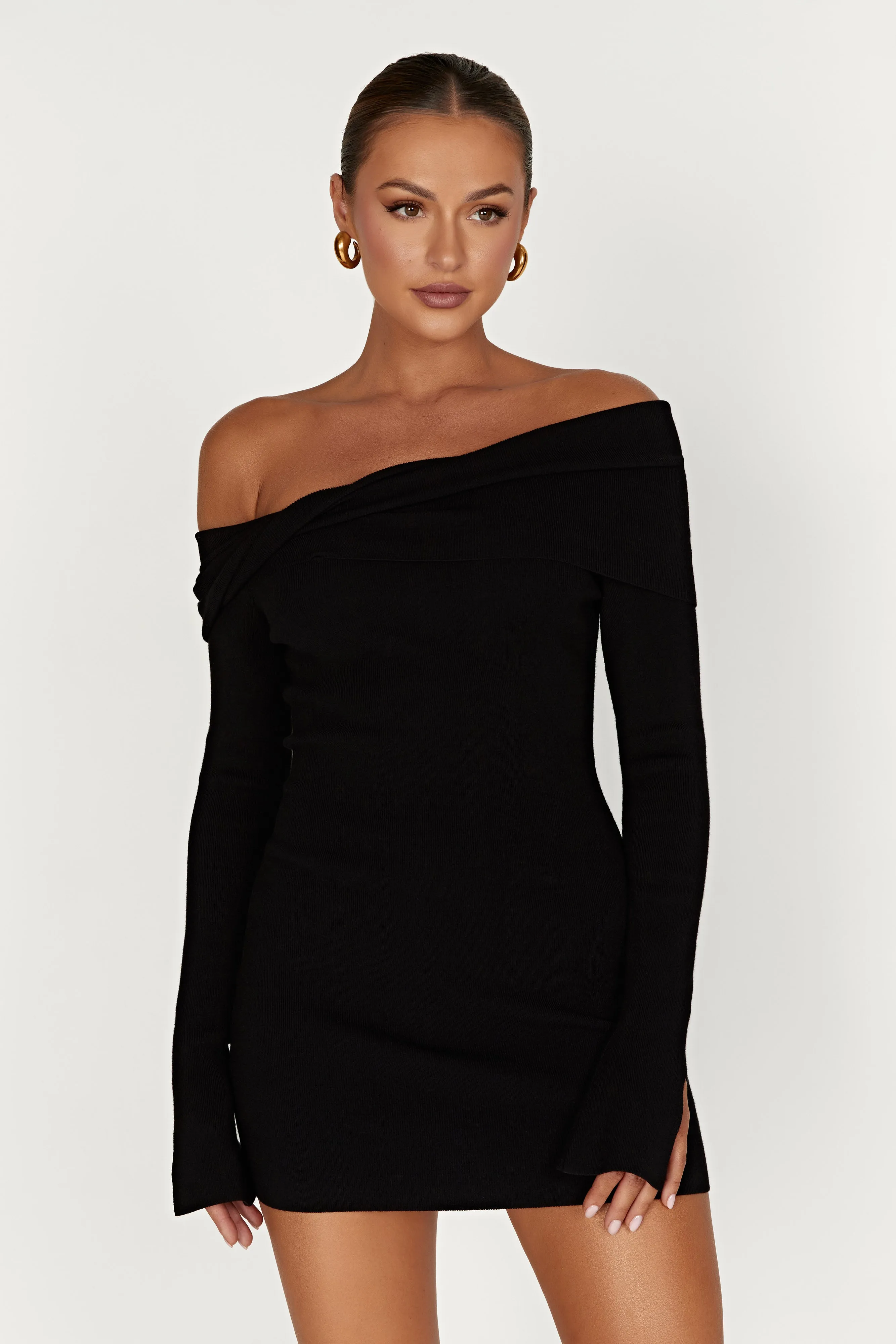 Black Clover Off-Shoulder Knitted Mini Dress