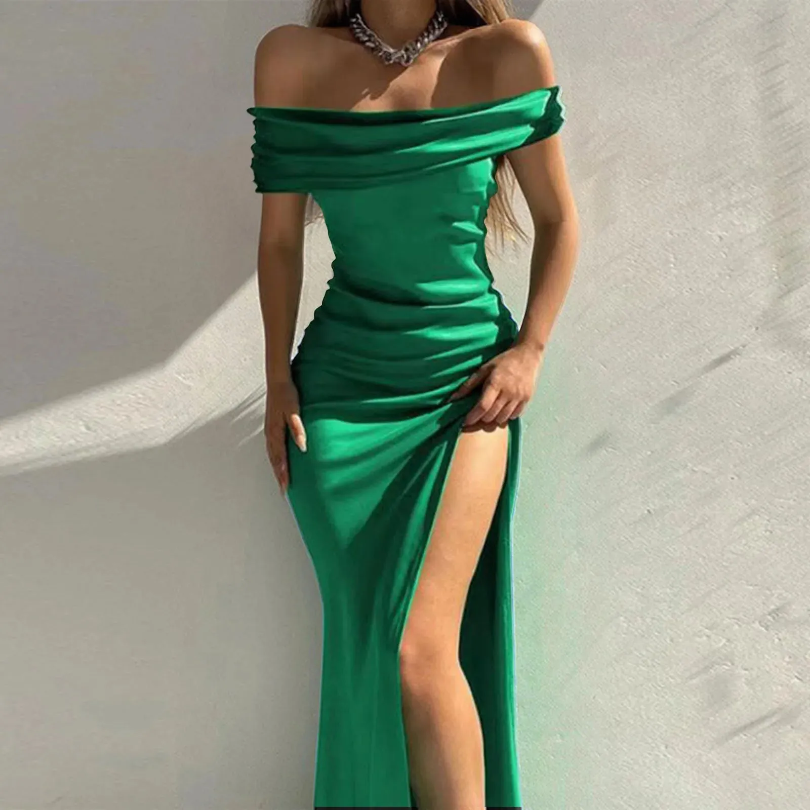 Colour Fashion Shoulder Sexy Off Solid High Split Evening The Slim Fit Summer Dress