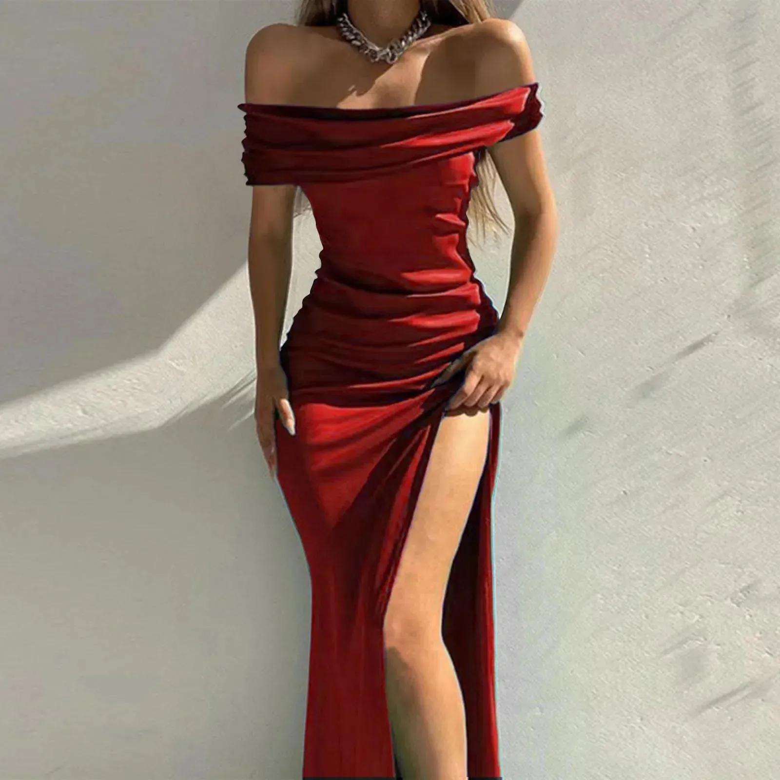 Colour Fashion Shoulder Sexy Off Solid High Split Evening The Slim Fit Summer Dress