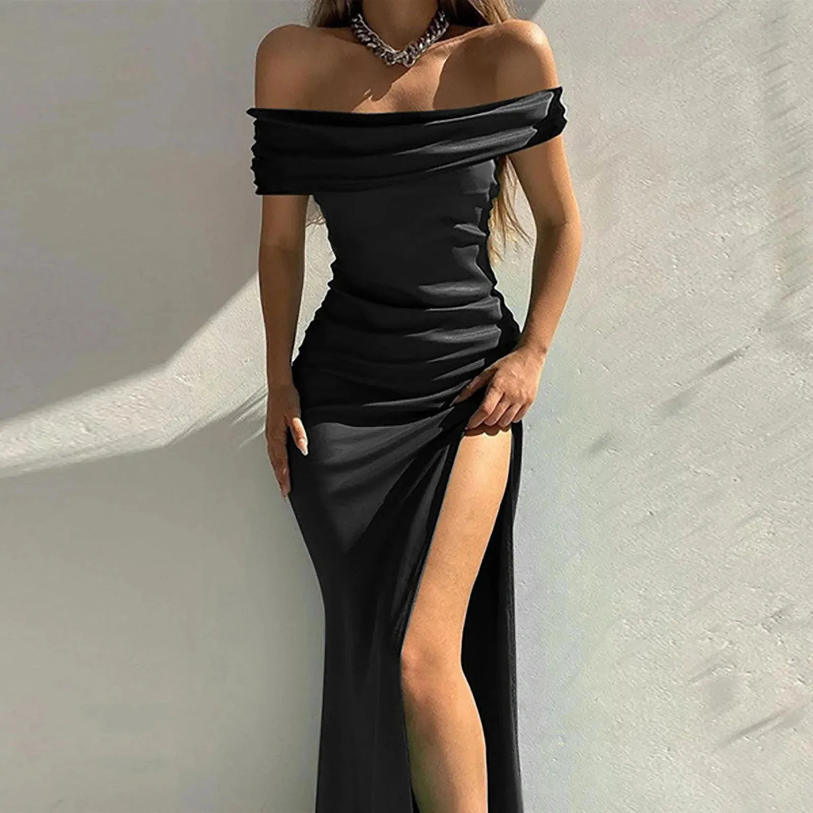 Colour Fashion Shoulder Sexy Off Solid High Split Evening The Slim Fit Summer Dress
