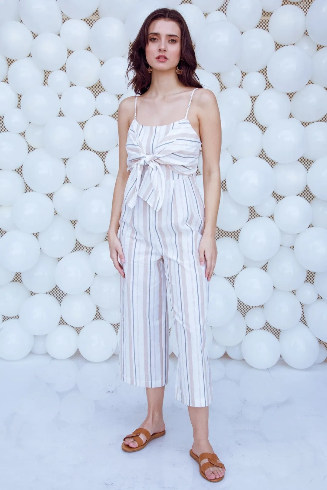 Cream Knotted Striped Jumpsuit