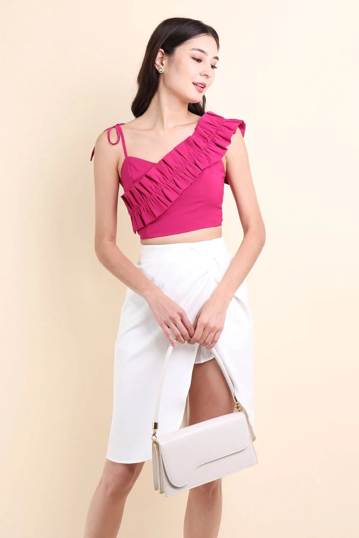 ELIANA RUFFLES SHOULDER TIE TOP IN FUSCHIA