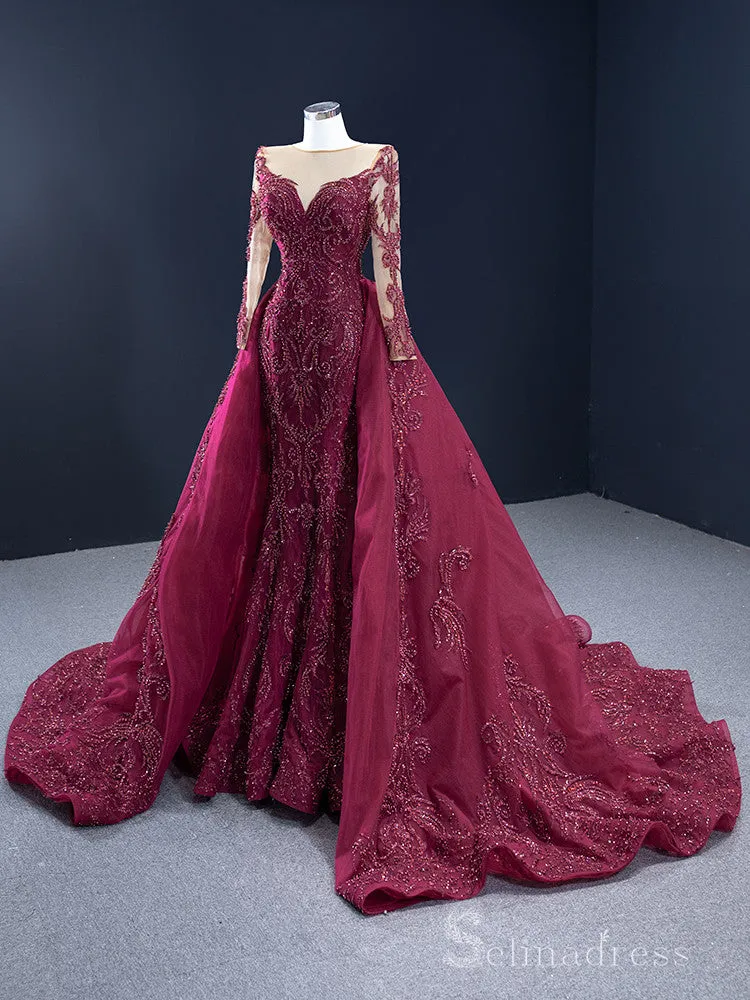 Feature Mermaid Long Sleeve Prom Dress Beaded Burgundy Evening Gowns DWH67250