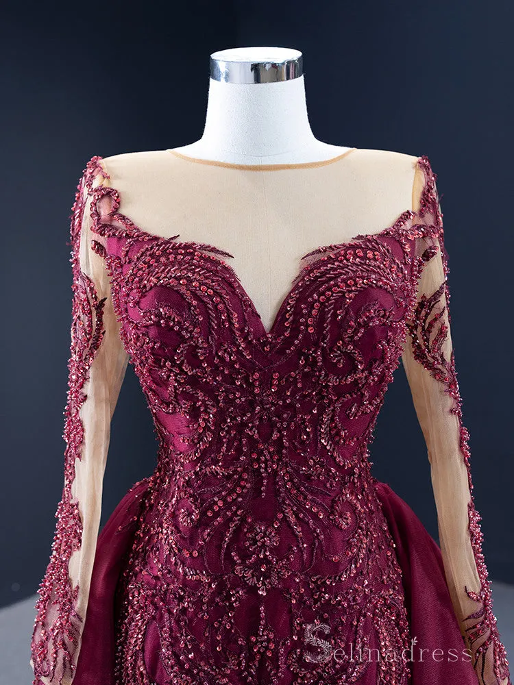 Feature Mermaid Long Sleeve Prom Dress Beaded Burgundy Evening Gowns DWH67250