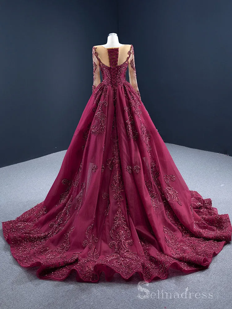 Feature Mermaid Long Sleeve Prom Dress Beaded Burgundy Evening Gowns DWH67250
