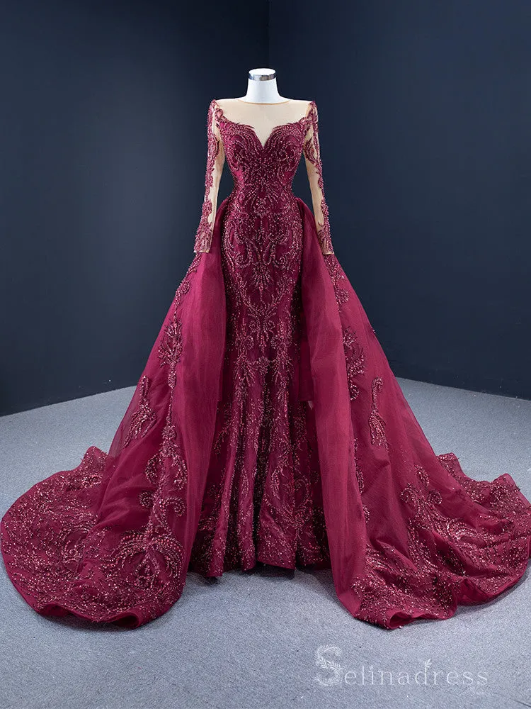 Feature Mermaid Long Sleeve Prom Dress Beaded Burgundy Evening Gowns DWH67250