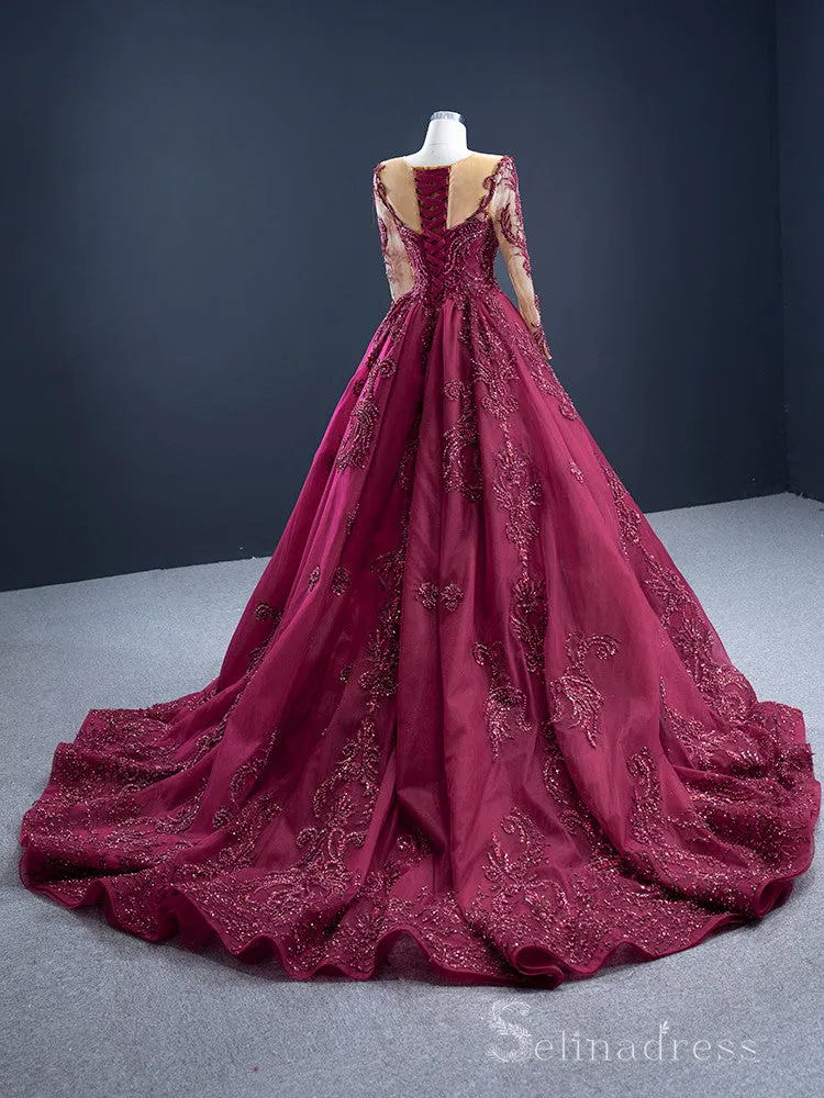 Feature Mermaid Long Sleeve Prom Dress Beaded Burgundy Evening Gowns DWH67250