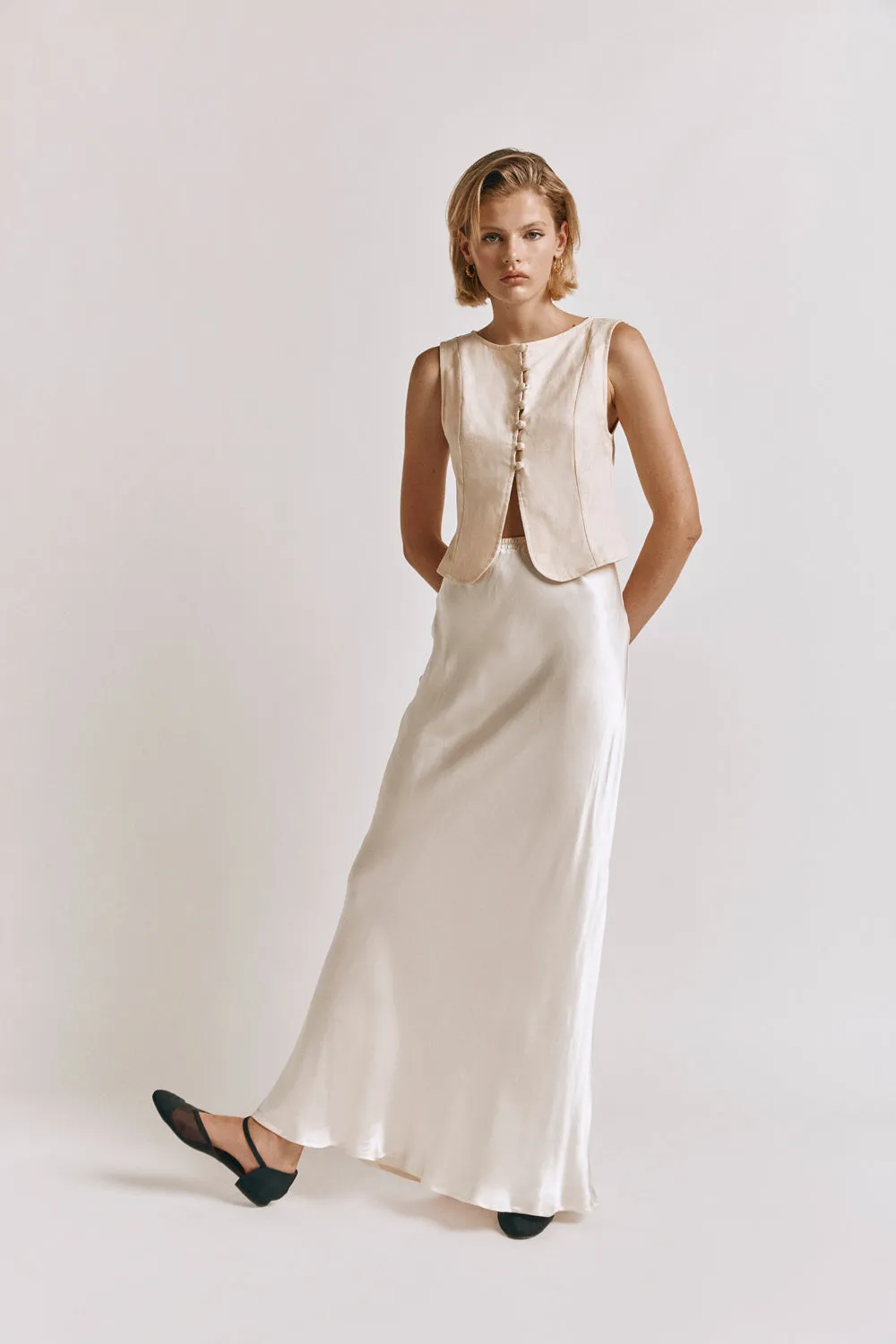 Florence Bias Cut Midi Skirt Cream