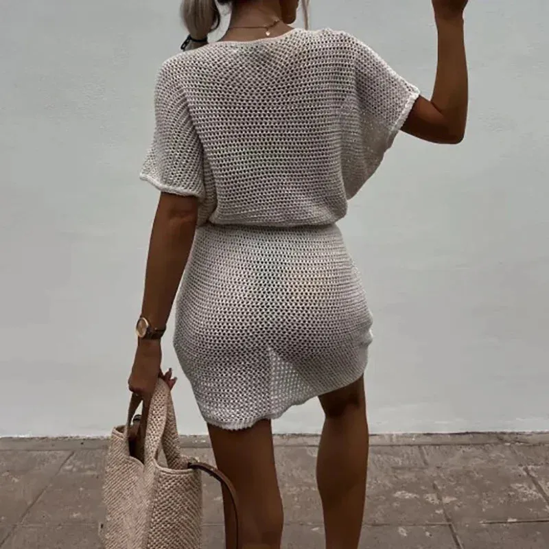 Hollow Beach Knitted Sexy Perspective Drawstring Mini Fashion O-neck Short Sleeve Cover Up Party Summer Dress