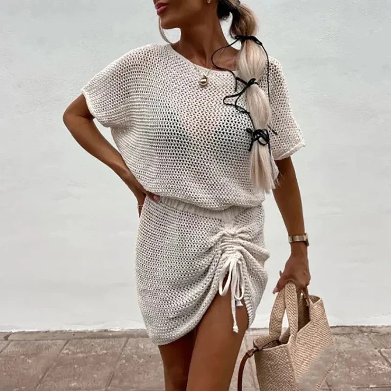 Hollow Beach Knitted Sexy Perspective Drawstring Mini Fashion O-neck Short Sleeve Cover Up Party Summer Dress