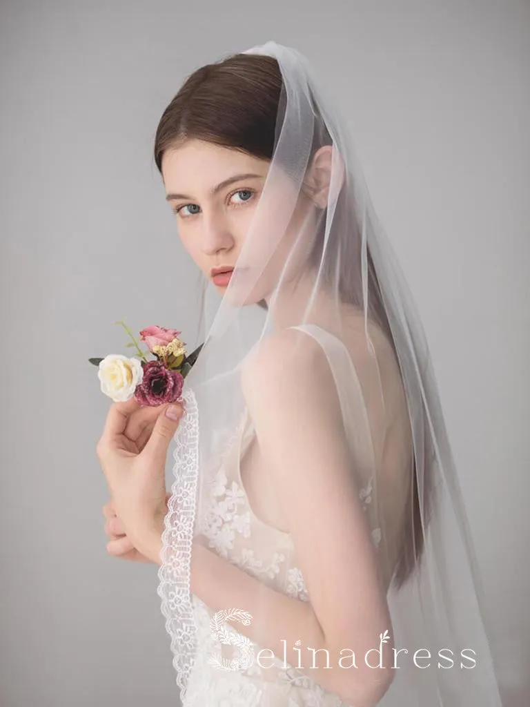 Ivory Tulle Wedding Veils One Layer Bridal Veil with Lace Hem ALC012