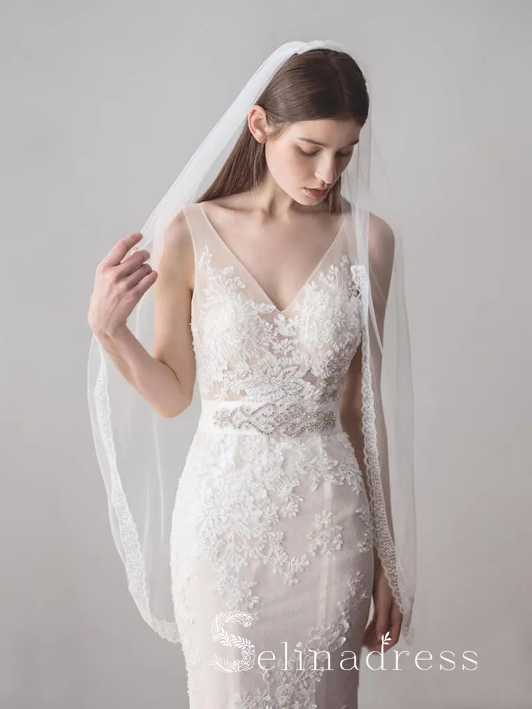 Ivory Tulle Wedding Veils One Layer Bridal Veil with Lace Hem ALC012