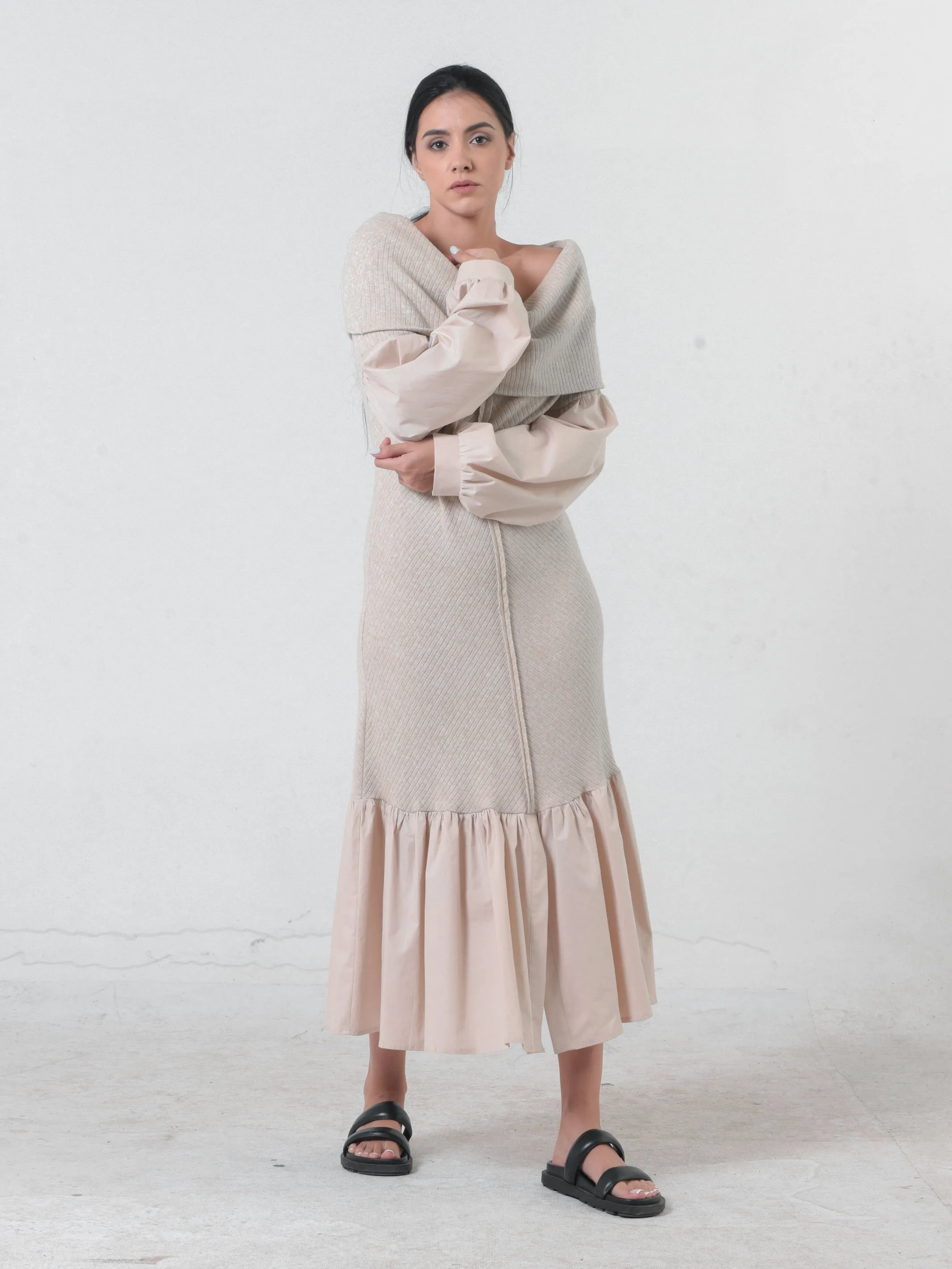Knitted Off-The-Shoulder Dress In Beige