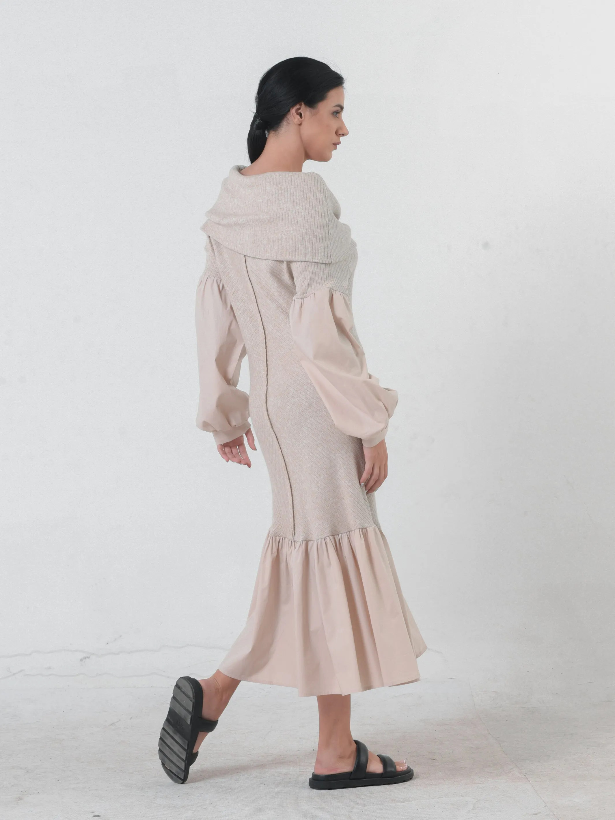 Knitted Off-The-Shoulder Dress In Beige
