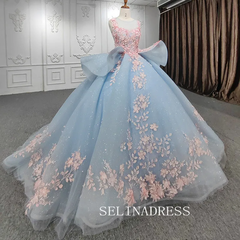 Light Sky Blue Ball Gown Long Formal Dress Pink 3D Floral Quinceanera Dresses MLH06987