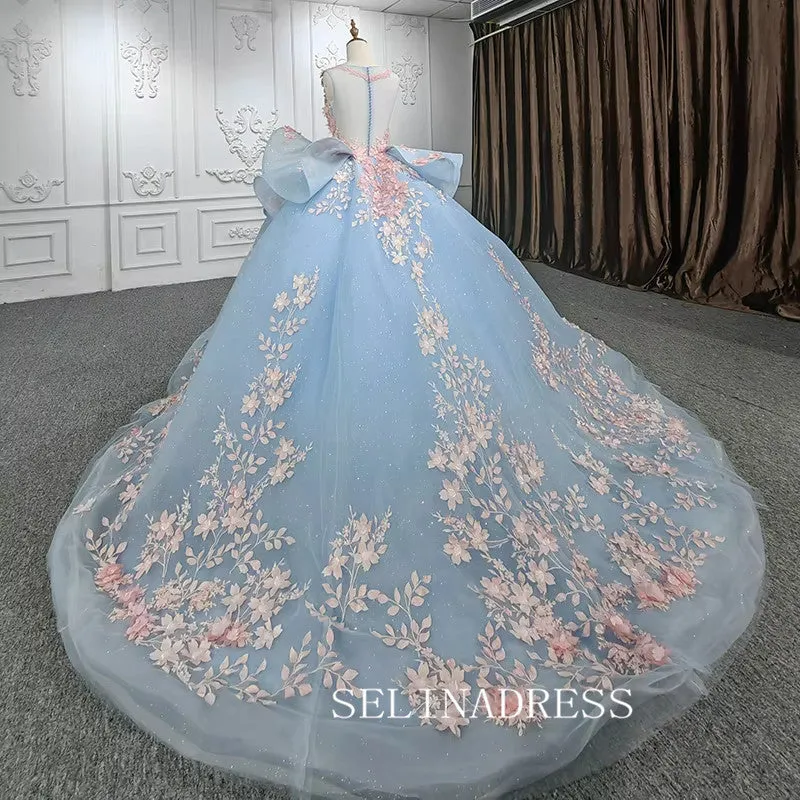 Light Sky Blue Ball Gown Long Formal Dress Pink 3D Floral Quinceanera Dresses MLH06987