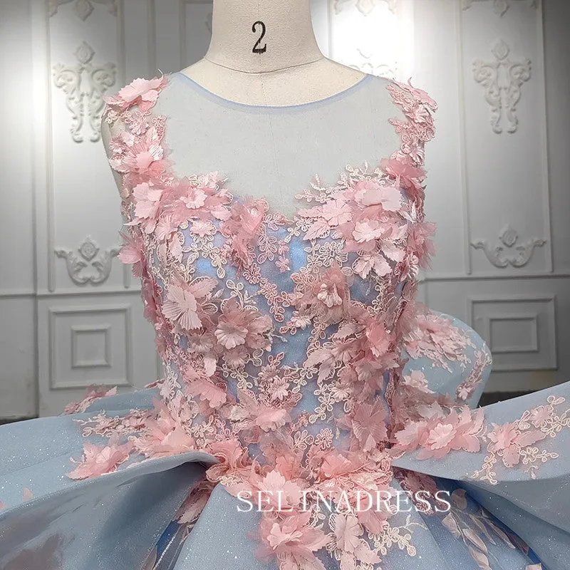 Light Sky Blue Ball Gown Long Formal Dress Pink 3D Floral Quinceanera Dresses MLH06987