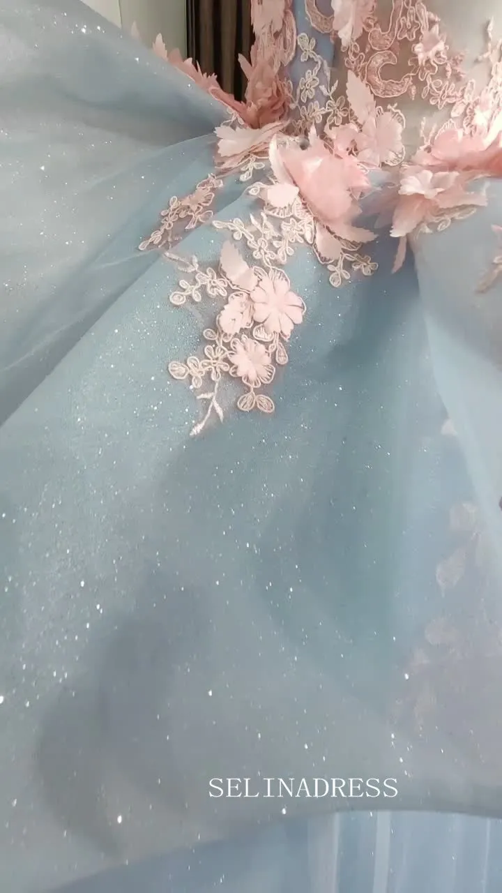 Light Sky Blue Ball Gown Long Formal Dress Pink 3D Floral Quinceanera Dresses MLH06987