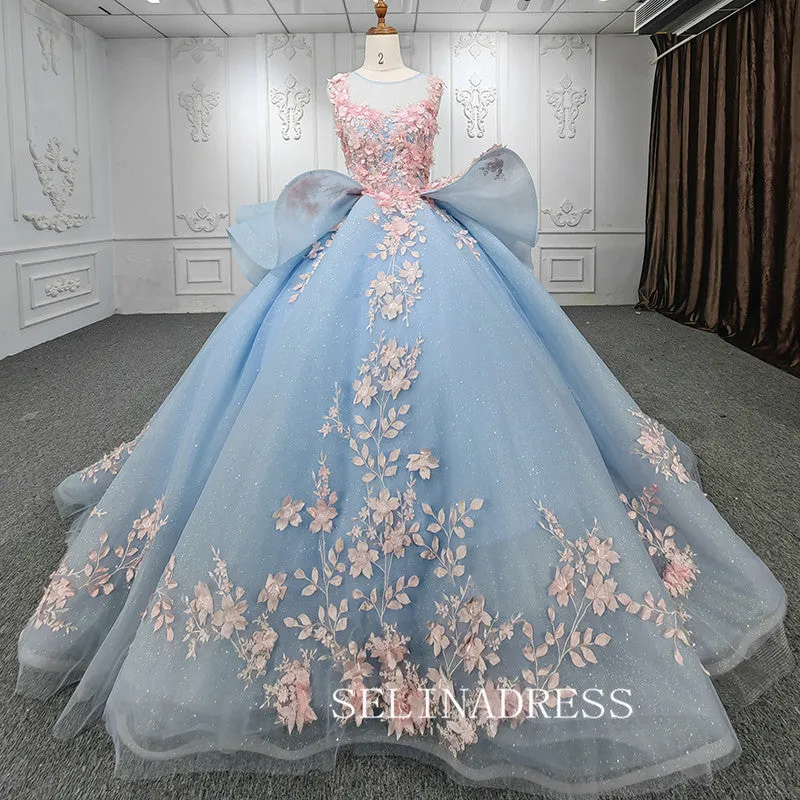 Light Sky Blue Ball Gown Long Formal Dress Pink 3D Floral Quinceanera Dresses MLH06987