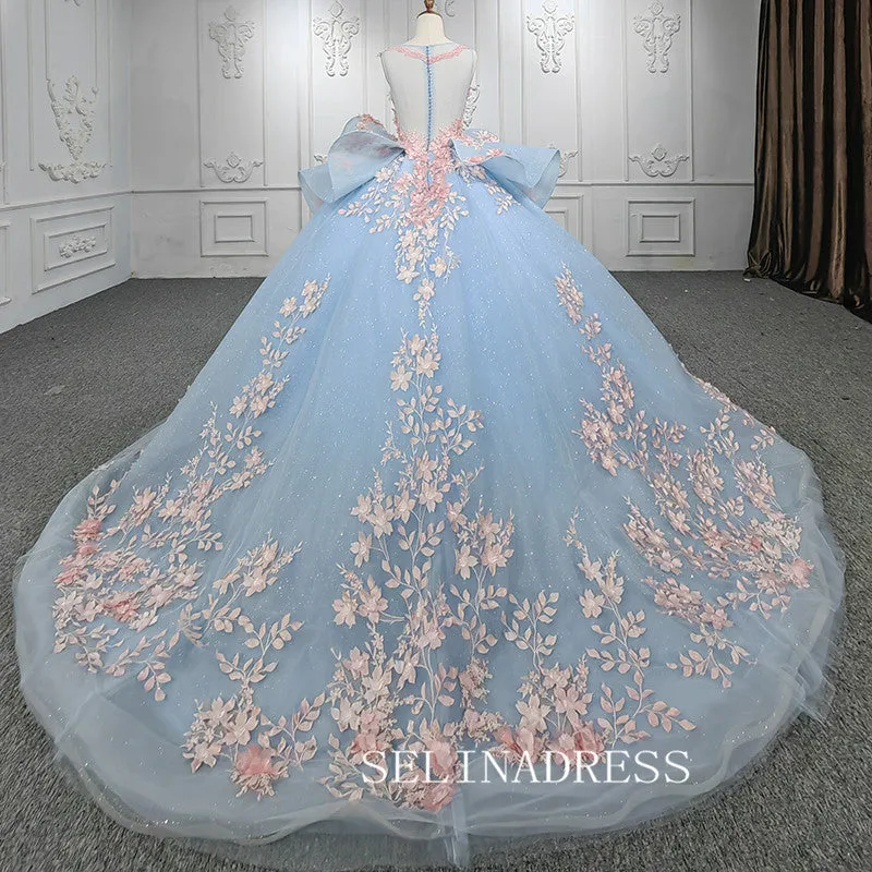 Light Sky Blue Ball Gown Long Formal Dress Pink 3D Floral Quinceanera Dresses MLH06987