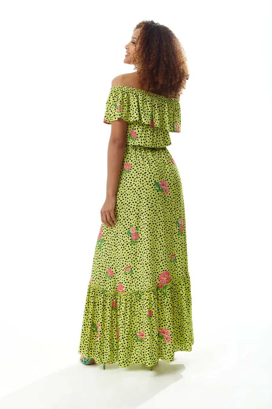 Floral and Animal Print Off-Shoulder Maxi Dress with Liquorice Design