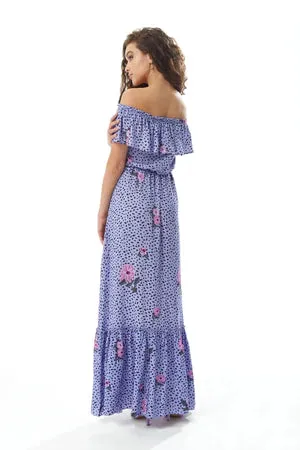 Floral and Animal Print Off-Shoulder Maxi Dress with Liquorice Design