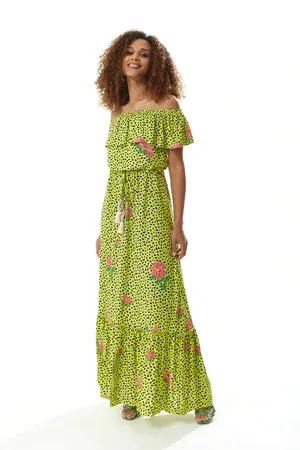 Floral and Animal Print Off-Shoulder Maxi Dress with Liquorice Design