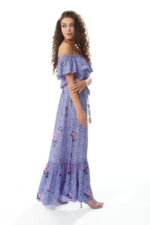 Floral and Animal Print Off-Shoulder Maxi Dress with Liquorice Design