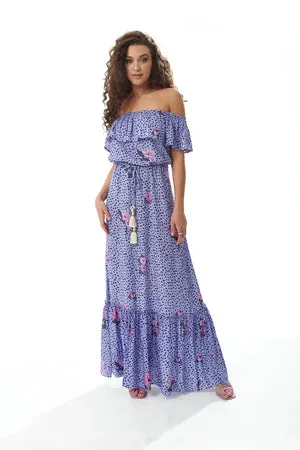 Floral and Animal Print Off-Shoulder Maxi Dress with Liquorice Design